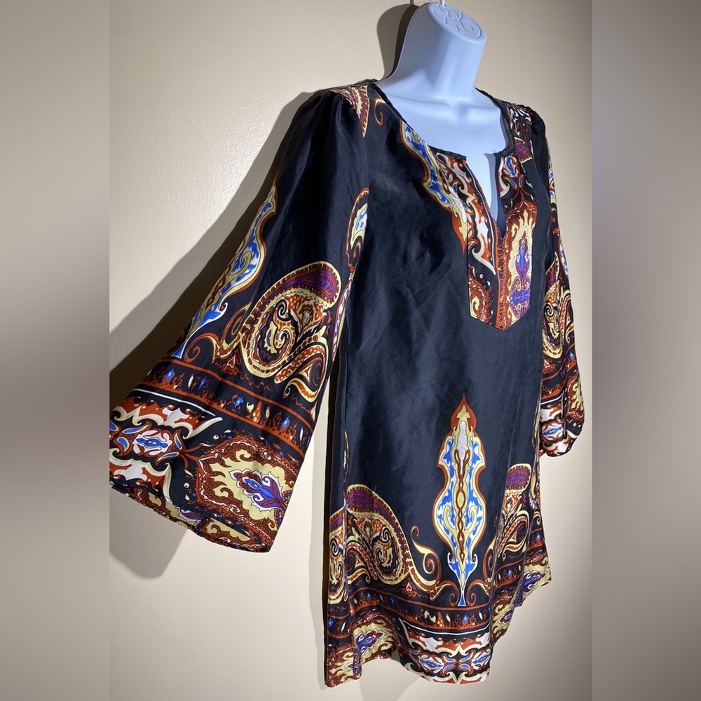 100% silk mini shift Dress, by Single Dress women’s P (2 small) ornate pullover